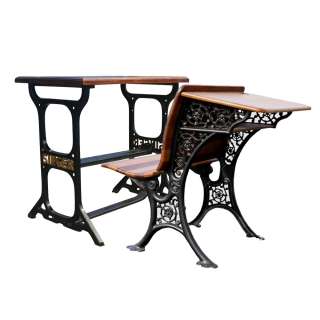 Machine Age Wrought Iron Wood Table Desk & Bench Set  